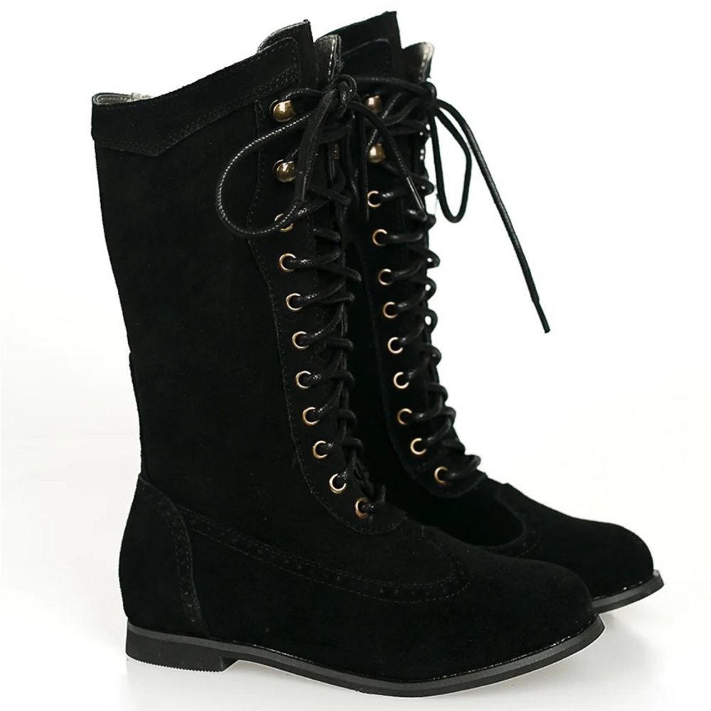 Kids Black Lace-Up Knee-High Boots
